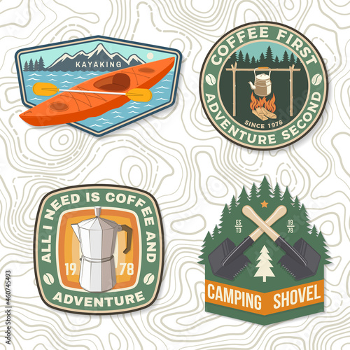 Set of travel inspirational quotes. Vector Concept for shirt or logo, print, stamp or tee. Vintage design with retro camping tea kettle, kayak, camping tent, shovel, campfire silhouette Camping quote