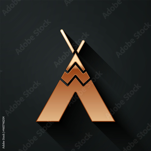 Gold Traditional indian teepee or wigwam icon isolated on black background. Indian tent. Long shadow style. Vector