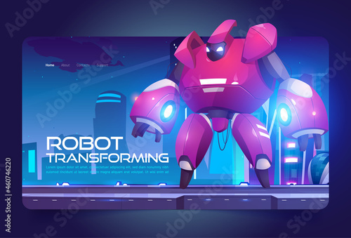 Robot transforming banner with red cyborg character in futuristic city. Vector landing page with cartoon illustration of transformer, metal robotic hero on background of fantastic cityscape