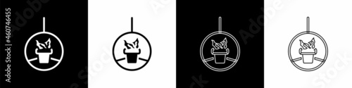 Set Plant in hanging pot icon isolated on black and white background. Decorative macrame handmade hangers for flower pot, hang indoor plants. Vector