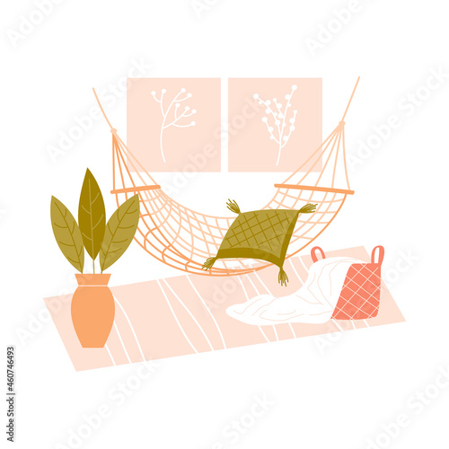 Vector flat illustration with furniture on white background. Modern interior items for the relax zone: hammock, houseplant, carpet, basket with a blanket