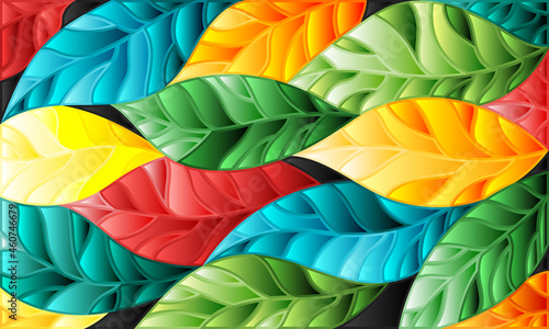 Illustration in stained glass style with colorful leaves trees on a dark background