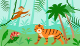Vector tiger, monkey and chameleon lizard in jungle forest, rainforest landscape with tropical animals