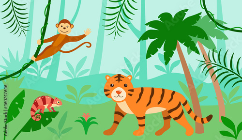 Vector tiger, monkey and chameleon lizard in jungle forest, rainforest landscape with tropical animals