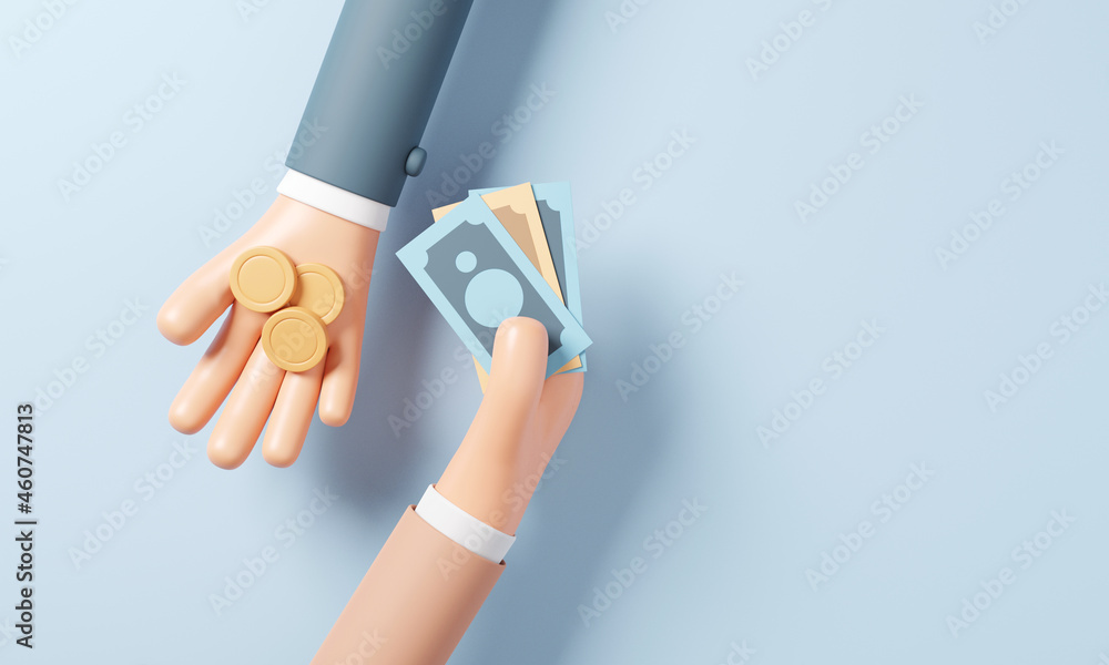 Fototapeta premium Currency exchange, money exchange, Foreign exchange transactions in cash from hand to hand. 3d render. copy space.
