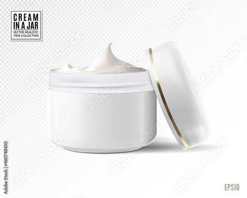 White container with cosmrtic cream on transparend background. Realistic vector, 3d illustration.