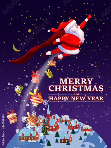 Santa Claus funny as Superhero wearing cape flying in space above Earth giving out gift boxes. Merry Christmas poster background cartoon style illustration