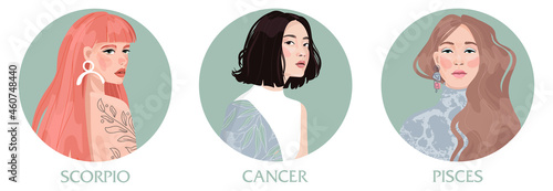 Illustration of  astrological sign element water as a beautiful girls. Zodiac  illustration isolated on white. Future telling, horoscope, alchemy, spirituality, occultism, fashion woman.
