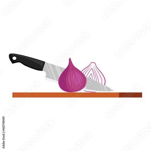 A kitchen knife with a black plastic handle cuts a red onion in half. Cooking. Vector illustration isolated on a white background for design and web.