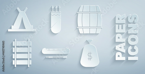 Set Kayak or canoe and paddle, Wooden barrel, Railway, railroad track, Money bag, Quiver with arrows and Indian teepee wigwam icon. Vector
