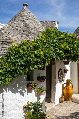  Tradtional white houses in Trulli village. Alberobello, Italy. The style of construction is specific to the Murge area of the Italian region of Apulia