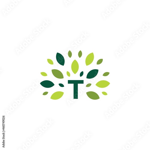 t letter tree leaf nature mark green logo vector icon illustration