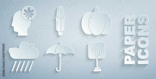 Set Umbrella, Pumpkin, Cloud with rain, Tree, Corn and Human head leaf icon. Vector