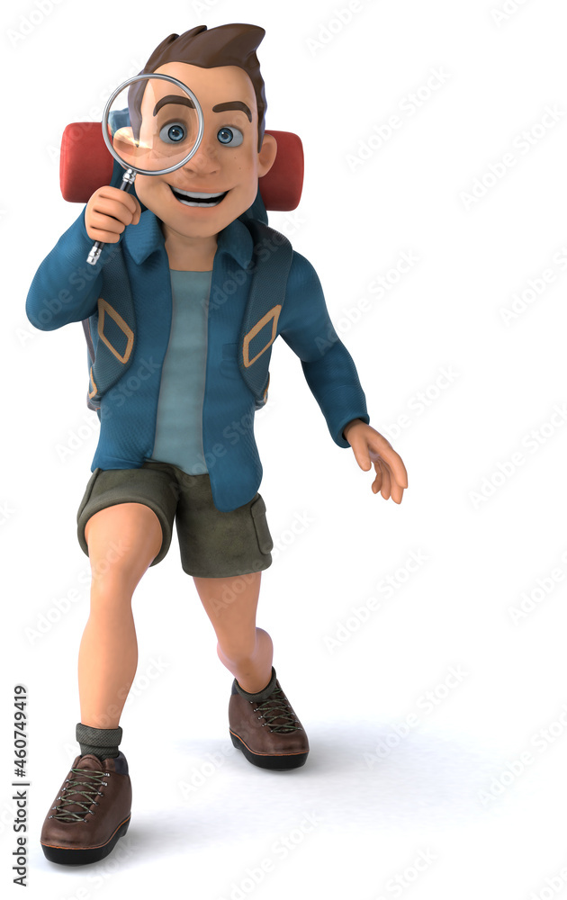 Fun illustration of a 3D cartoon backpacker