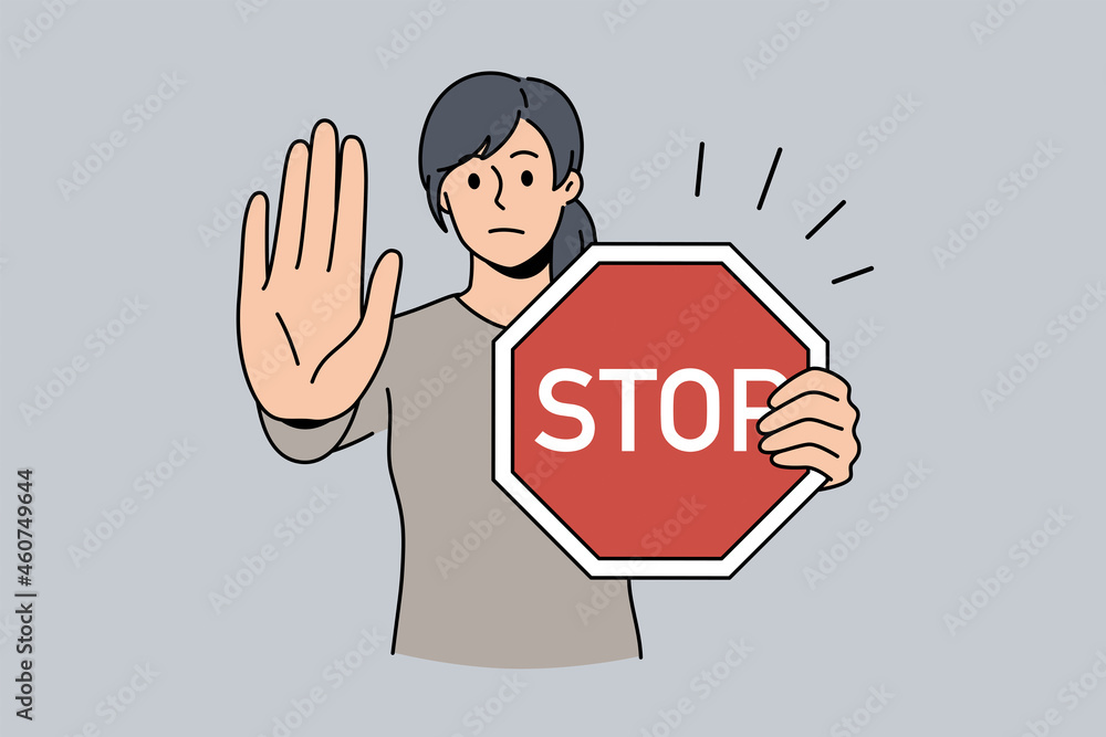 Stop sign and rejection concept. Young serious woman cartoon character standing with red sign stop in hands and showing her palm with refusing emotion vector illustration Stop sign and rejection concept. Young serious woman cartoon character standing with red sign stop in hands and showing her palm with refusing emotion vector illustration