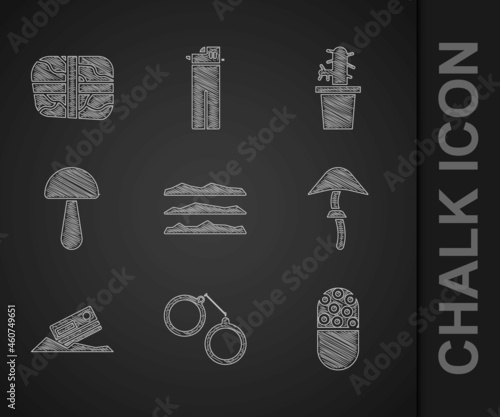 Set Cocaine or heroin drug, Handcuffs, Medicine pill tablet, Psilocybin mushroom, credit card, Cactus peyote pot and Package with cocaine icon. Vector