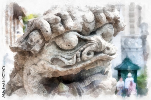 Ancient chinese stone lion statue watercolor style illustration impressionist painting.