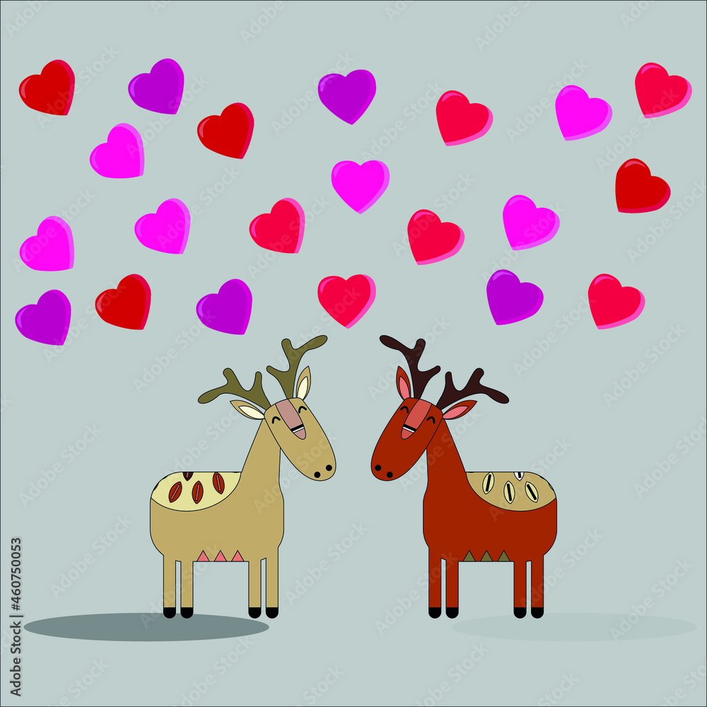 Cute loving deer look at each other hearts fly above them on gray isolated background Cute loving deer look at each other hearts fly above them on gray isolated background