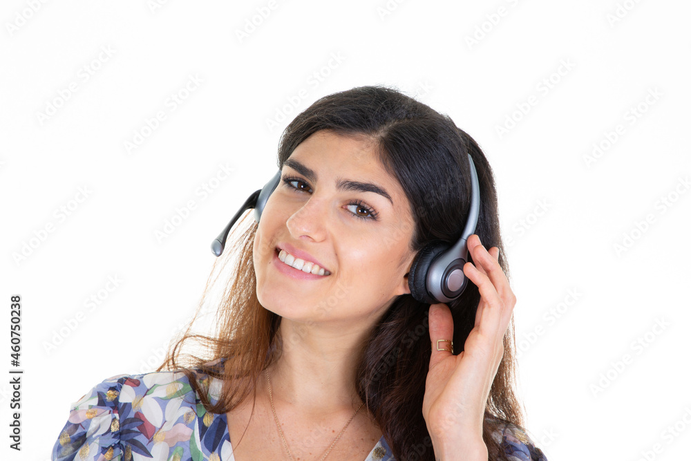smiling happy woman customer support operator call center isolated on white background smiling happy woman customer support operator call center isolated on white background