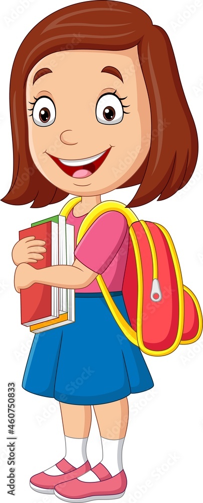 Cartoon happy school girl carrying book and backpack Cartoon happy school girl carrying book and backpack