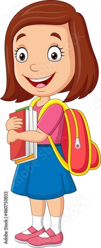 Cartoon happy school girl carrying book and backpack
