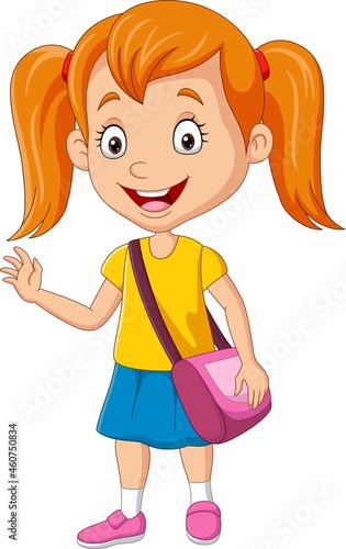 Cartoon happy school girl with bag