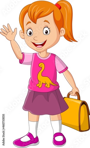 Cartoon happy school girl holding bag