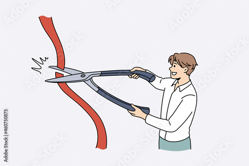 New beginning and startup concept. Young smiling businessman cartoon character cutting huge red ribbon with scissors vector illustration 