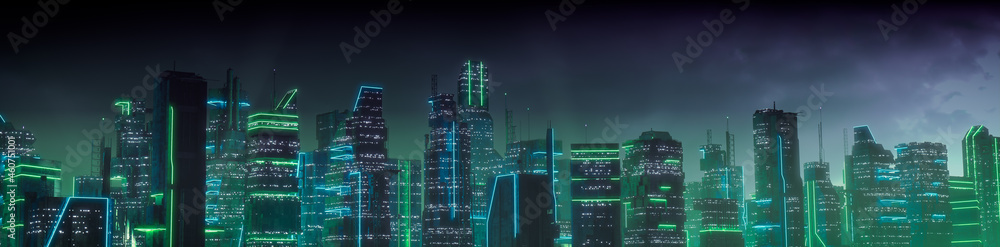 Futuristic Cityscape with Green and Blue Neon lights. Night scene with Futuristic Architecture. Futuristic Cityscape with Green and Blue Neon lights. Night scene with Futuristic Architecture.