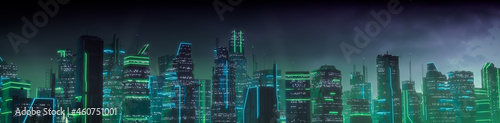 Futuristic Cityscape with Green and Blue Neon lights. Night scene with Futuristic Architecture.