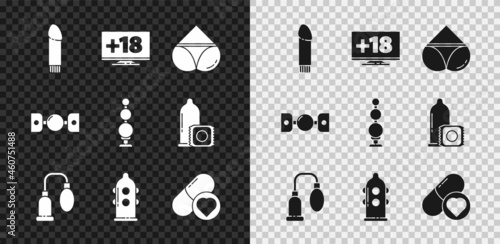 Set Dildo vibrator, Monitor with 18 plus content, Woman panties, Penis pump, Condom, Pills for potency, aphrodisiac, Silicone ball gag belt and Anal beads icon. Vector