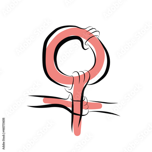 Hand Drawn gynecology estrogen level icon with holding hands together inside. Concept of support in a difficult situation for women, feminism and girl power. Female support each other card or banner.