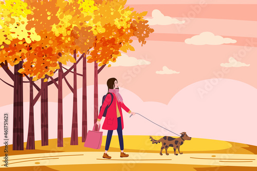 Young woman walks the dog in the autumn city park. Trendy fashionable look with pet, fall mood. Vector illustration banner
