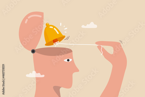 Self awareness, psychological state in individuality of behavior or feeling, self acceptance or personality concept, a man ringing the bell in his self brain head metaphor of awareness of his exist. photo