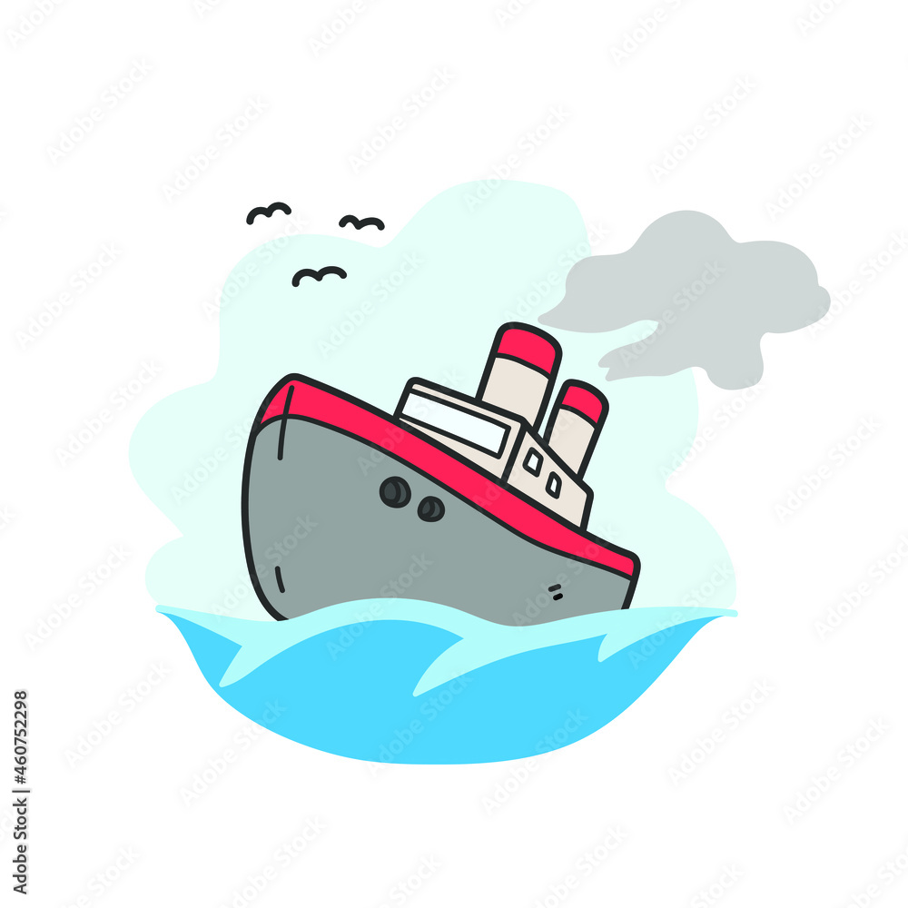 Doodle illustration of a steam boat, vector drawing of a cruise ship in the ocean.