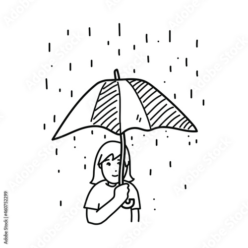 Illustration of a girl holding an umbrella on a rainy day doodle, illustration of an umbrella on a rainy day with raindrops, isolated on a white background.
