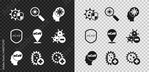 Set Shield protecting from virus, Virus under magnifying glass, Human and, Corona 2019-nCoV, Positive, and location icon. Vector