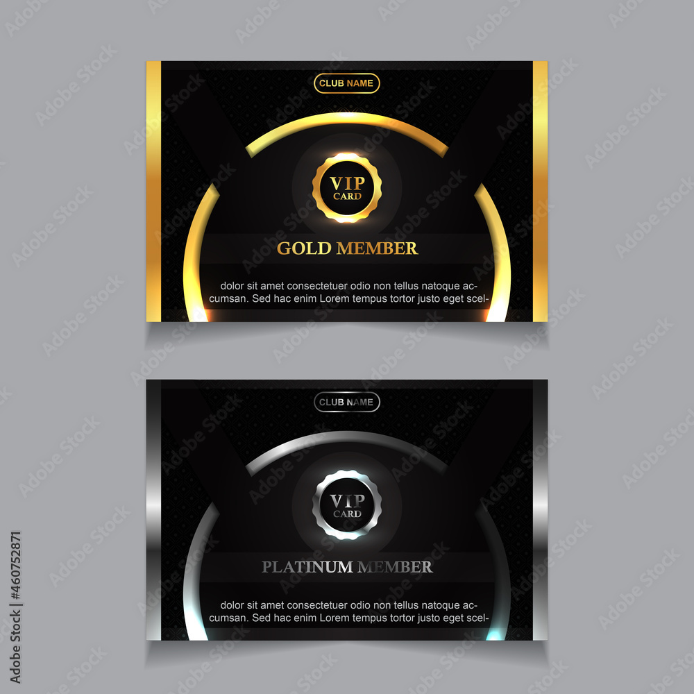 Vector VIP golden and platinum business card. Black geometric pattern background with premium design. Luxury and elegant graphic template layout for vip member Vector VIP golden and platinum business card. Black geometric pattern background with premium design. Luxury and elegant graphic template layout for vip member