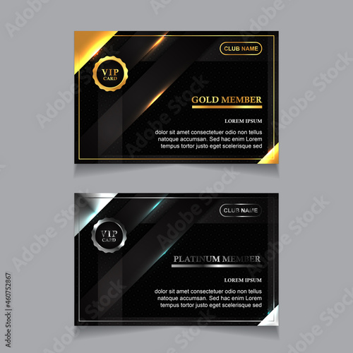 Vector VIP golden and platinum business card. Black geometric pattern background with premium design. Luxury and elegant graphic template layout for vip member