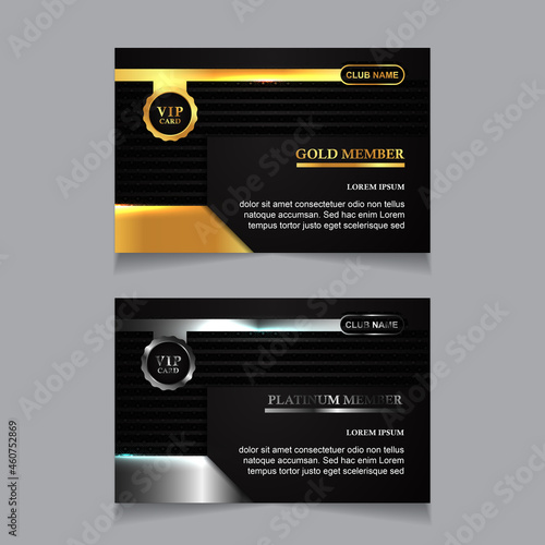 Vector VIP golden and platinum business card. Black geometric pattern background with premium design. Luxury and elegant graphic template layout for vip member