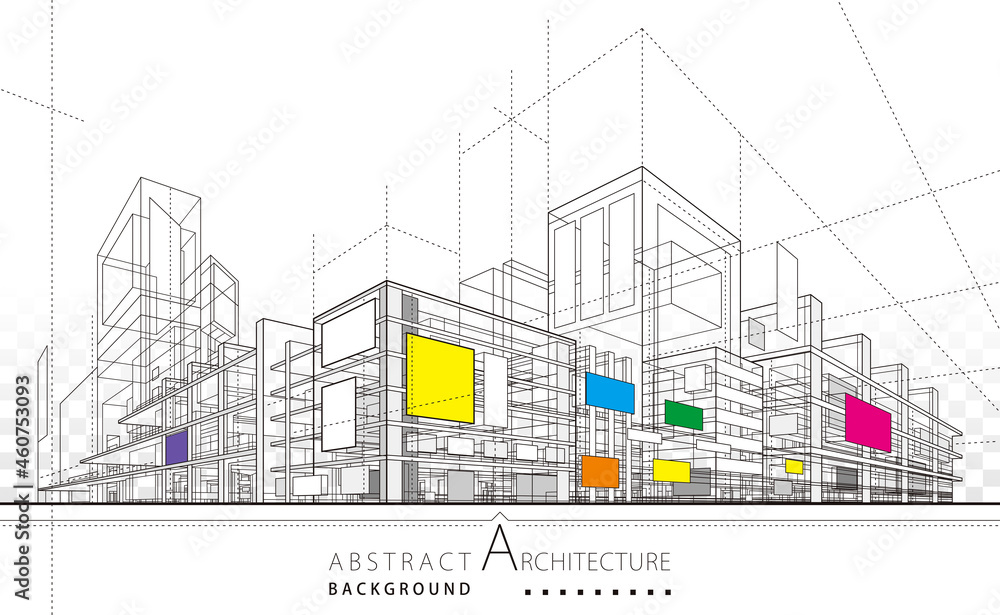 Fototapeta premium 3D illustration linear drawing. Imagination architecture urban building design, architecture modern abstract background. 