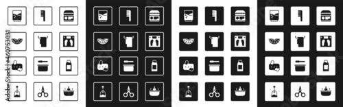 Set Cream or lotion cosmetic tube, Towel hanger, Citrus fruit, Glass with water, Bathroom scales, Hairbrush, Bottle milk and Bar of soap foam icon. Vector