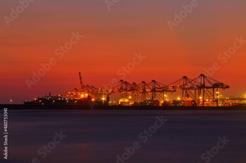 Sunset at Taipei Port, industrial landscape with lift crane in Taipei Taiwan.