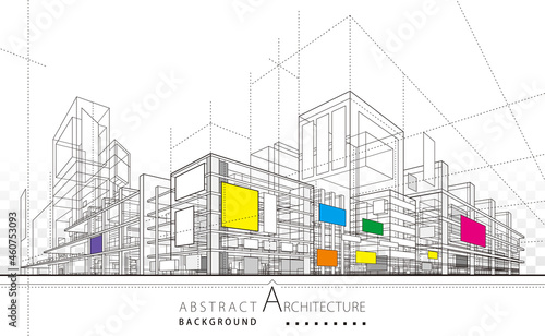 3D illustration linear drawing. Imagination architecture urban building design, architecture modern abstract background. 