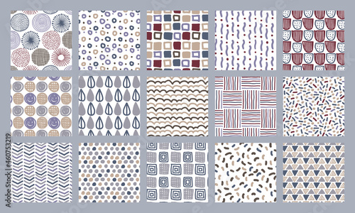 手描き　北欧風アブストラクトオブジェクトのシームレスパターンセット