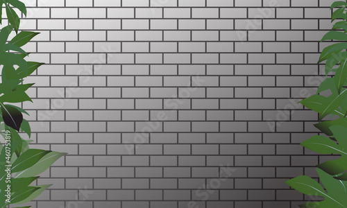 Gray brick wall lined up as background Seamless pattern. Leaves on the left and on the right side. No people. Vector illustration.