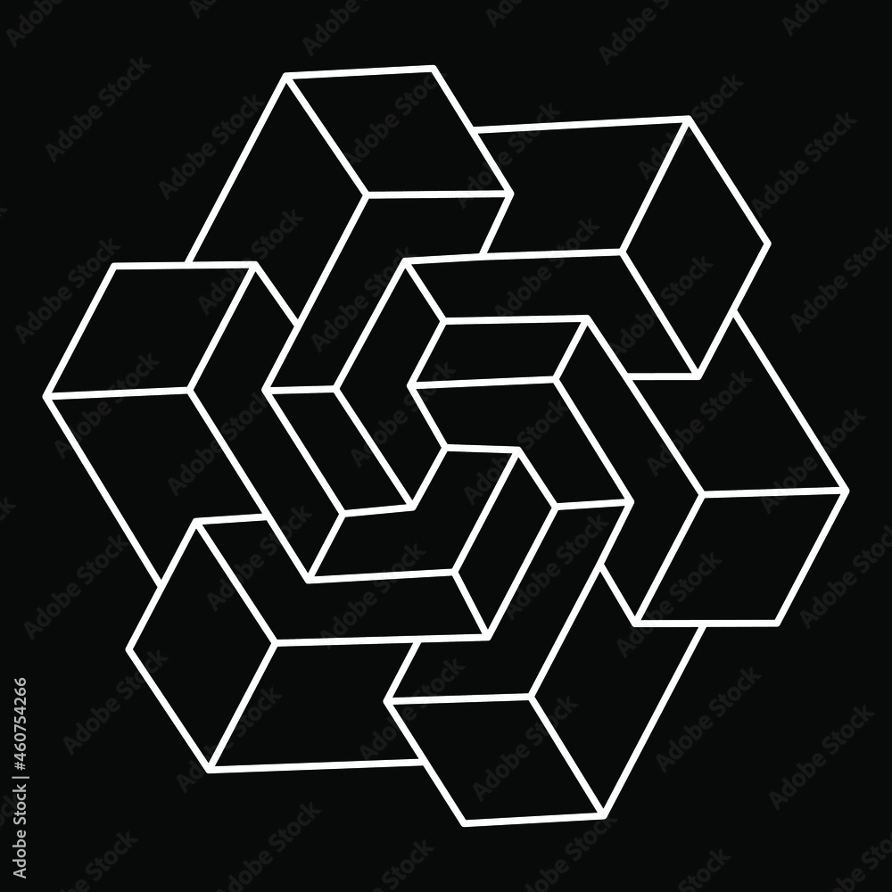 Impossible shapes. Sacred geometry. Optical illusion. Abstract eternal geometric objects. Impossible endless outline triangle. Op art. Impossible geometry symbol on a black background. Line art. Impossible shapes. Sacred geometry. Optical illusion. Abstract eternal geometric objects. Impossible endless outline triangle. Op art. Impossible geometry symbol on a black background. Line art.