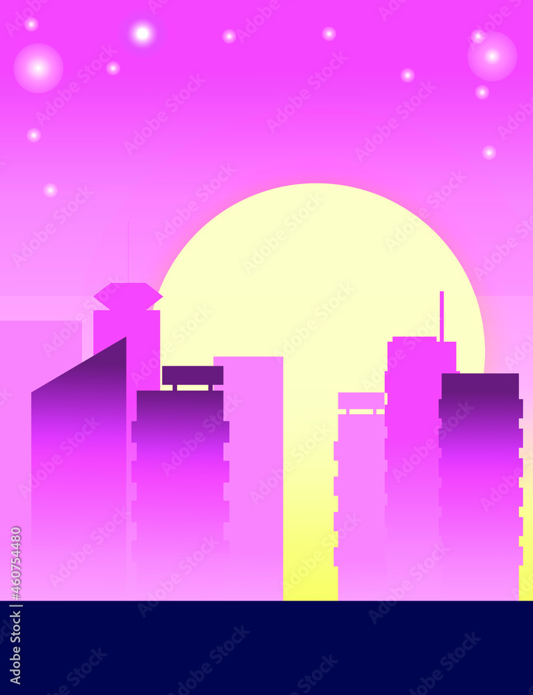Evening atmosphere Many big city buildings. Bright pink color gradient. Bright evening concept in the city.