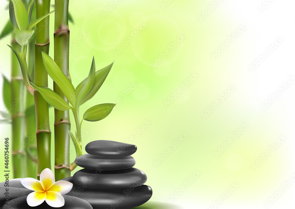 Spa concept zen basalt stones with bamboo and flower. Realistic vector, 3d illustration