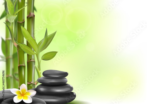 Spa concept zen basalt stones with bamboo and flower. Realistic vector, 3d illustration © leezarius
